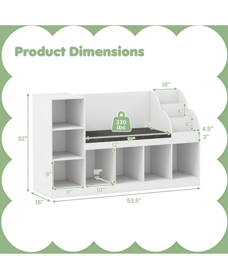 Gymax Wooden Kids Bookshelf w/Reading Nook Padded Seat Open Cubes Adjustable Shelf