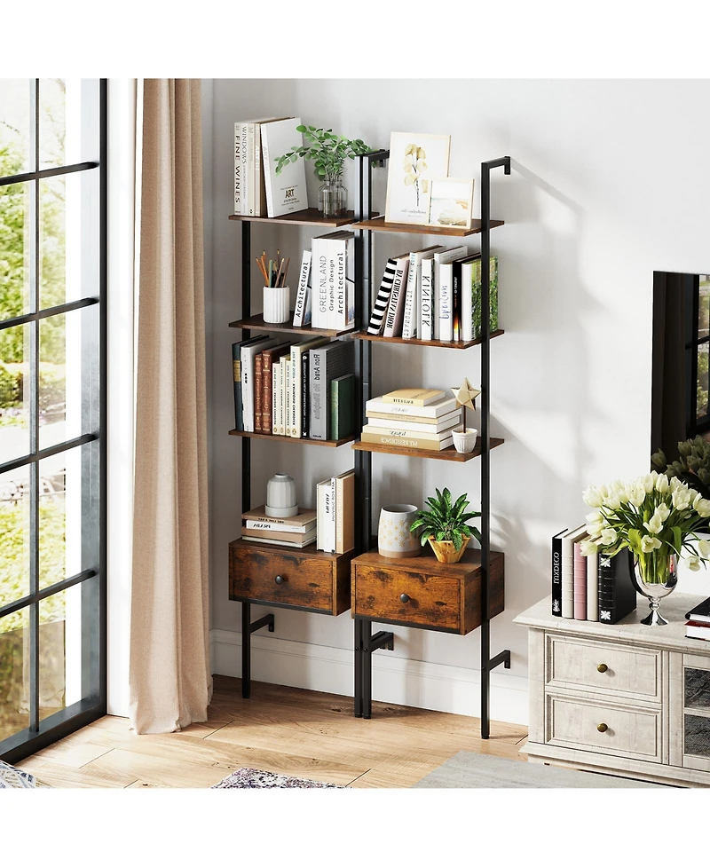 Gymax 2 Pcs 5-Tier Bookshelf w/ Drawer 70'' Wall Mount Ladder Bookcase w/ Metal Frame