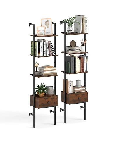 Gymax 2 Pcs 5-Tier Bookshelf w/ Drawer 70'' Wall Mount Ladder Bookcase w/ Metal Frame