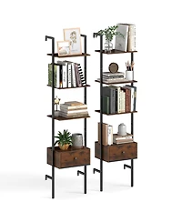 Gymax 2 Pcs 5-Tier Bookshelf w/ Drawer 70'' Wall Mount Ladder Bookcase w/ Metal Frame