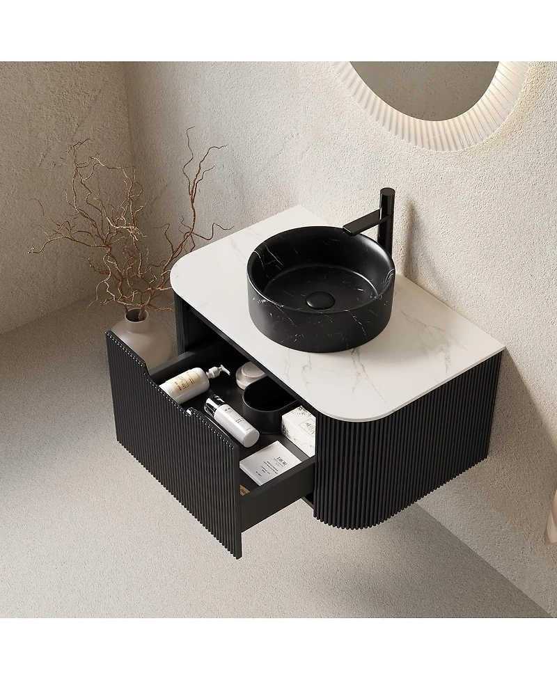 Sillysis Wall Mounted Bathroom Vanity with Sintered Stone Top, Ceramic Round Sink, Stripe Drawer