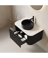 Sillysis Wall Mounted Bathroom Vanity with Sintered Stone Top, Ceramic Round Sink, Stripe Drawer