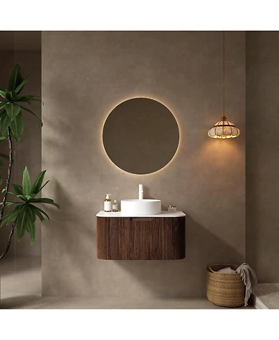 Sillysis Wall Mounted Bathroom Vanity with Sintered Stone Top, Round Ceramic Vessel Sink, Walnut Striped Drawer