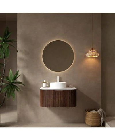 Sillysis Wall Mounted Bathroom Vanity With Sintered Stone Top Round Ceramic Vessel Sink Walnut Striped Drawer Pre Assembled