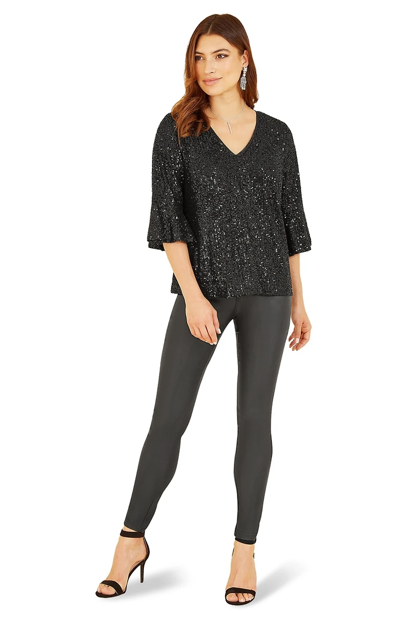 Yumi Women's Sequin V-Neck Fluted Sleeve Top