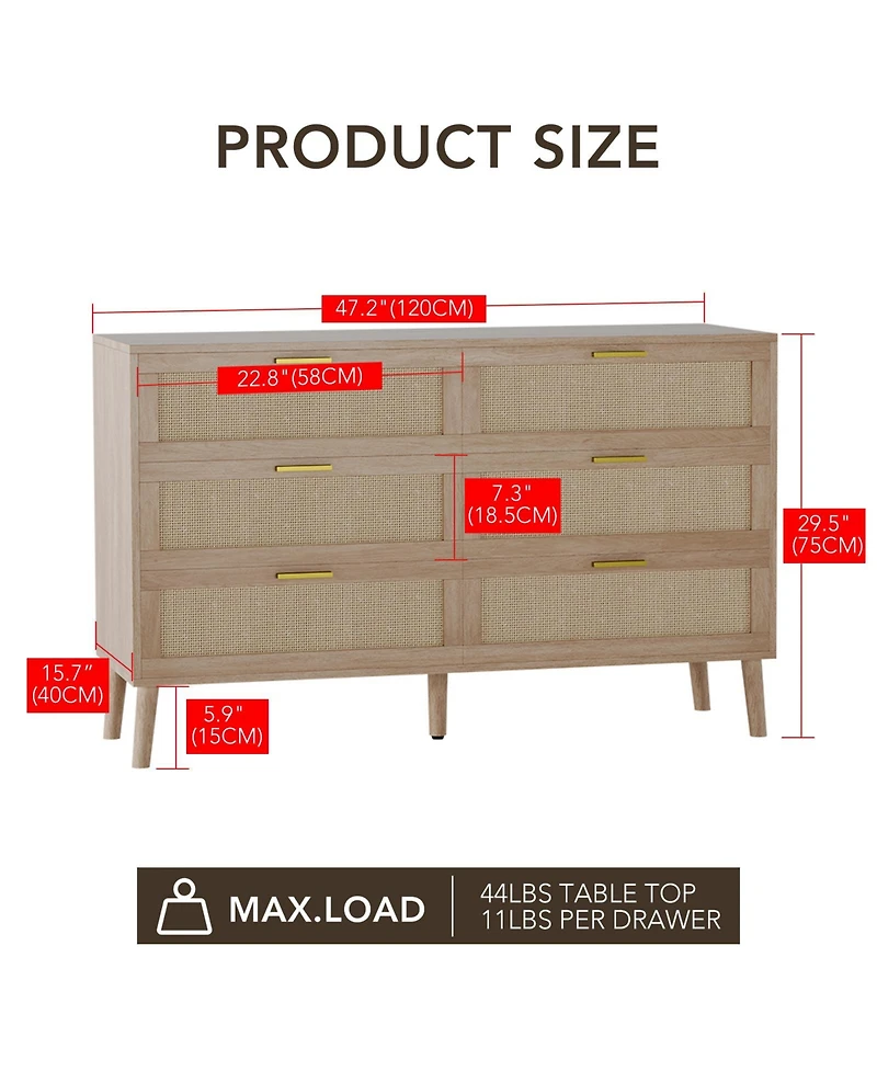 homfan 6 Drawer Dresser, 47 Inch Natural Rattan Chest of Drawer, Large Wooden Dresser with 5 Wood Legs, Farmhouse Dresser for Bedroom, Living Room