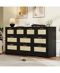 homfan 10 Drawers Dresser for Bedroom, Rattan Chest of with Spacious Tabletop and Handles, Closet Organizer Tv Stand Living Room