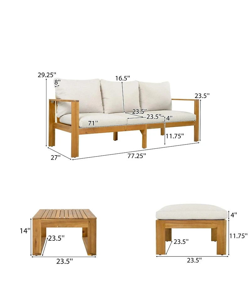 Asagikoiai 3-Piece Acacia Wood Outdoor Patio Sectional Sofa Set with Cushions and Ottoman
