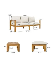 Asagikoiai 3-Piece Acacia Wood Outdoor Patio Sectional Sofa Set with Cushions and Ottoman