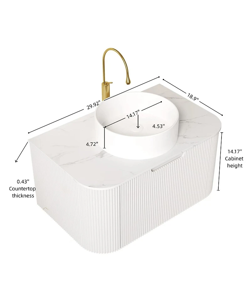 Sillysis Wall Mounted Bathroom Vanity with Sintered Stone Top, White Round Ceramic Sink, Striped Drawer