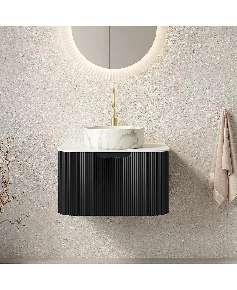 Sillysis Wall Mounted Bathroom Vanity with Carrara Sintered Stone Top, Round Ceramic Sink, Stripe Drawer