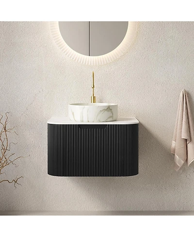 Sillysis Wall Mounted Bathroom Vanity with Carrara Sintered Stone Top, Round Ceramic Sink, Stripe Drawer