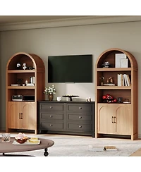gaomon Modern Arched 71" Bookcase Cabinet - 5-Tier Wooden Pantry with Adjustable Shelves, Mid-Century Doors, Open Display for Dining Room