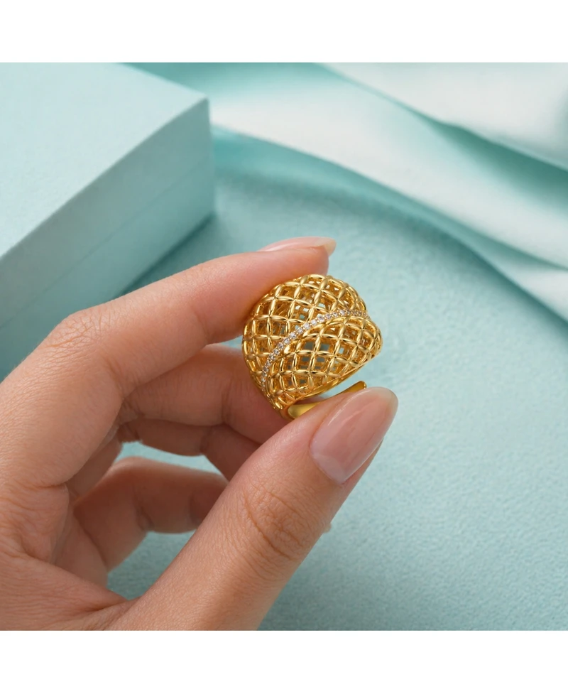 14k Yellow Gold Plated Concave Filigree Wire Dome-Shaped Artistic Adjustable Ring