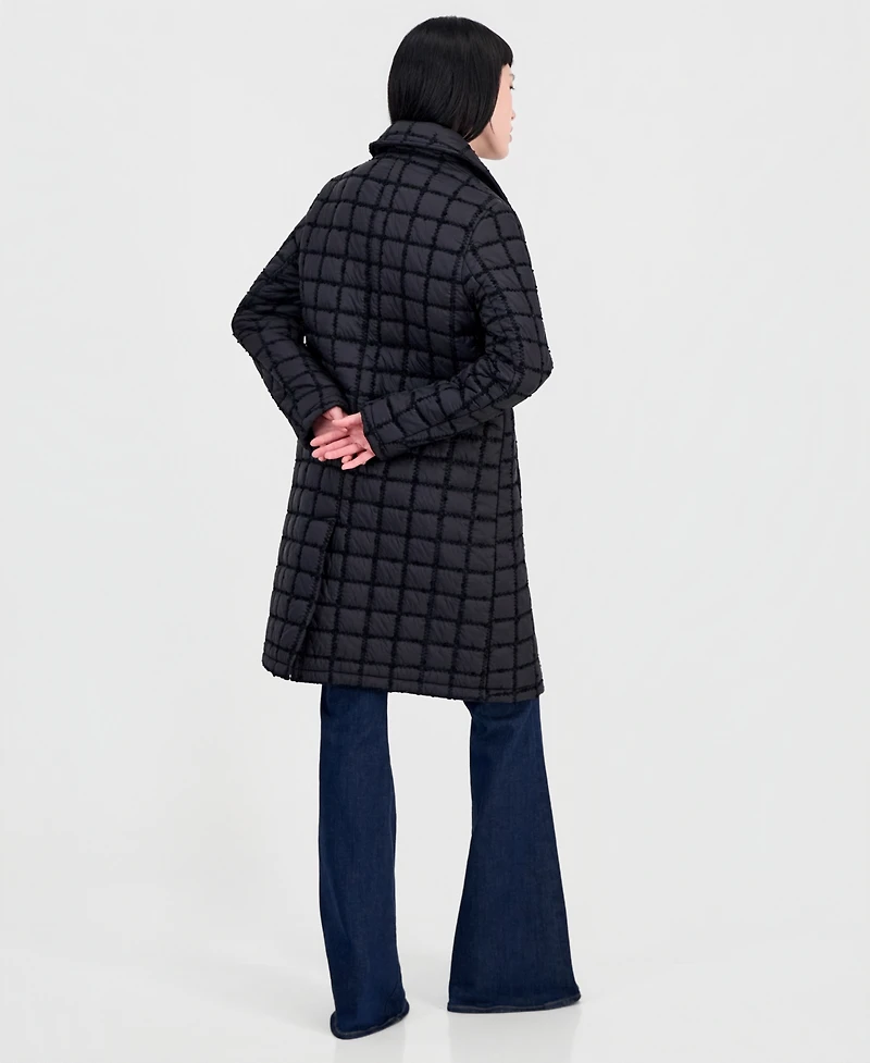 CeCe Women's Long Windowpane Quilted Coat