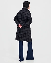 CeCe Women's Long Windowpane Quilted Coat
