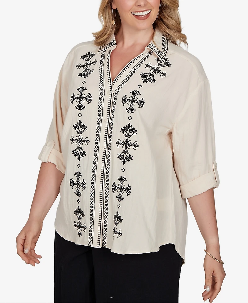 Ruby Rd. Plus Embroidered Gauze Button Front Top