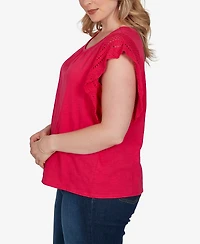 Ruby Rd. Plus Crochet Sleeve Solid Cotton T-Shirt