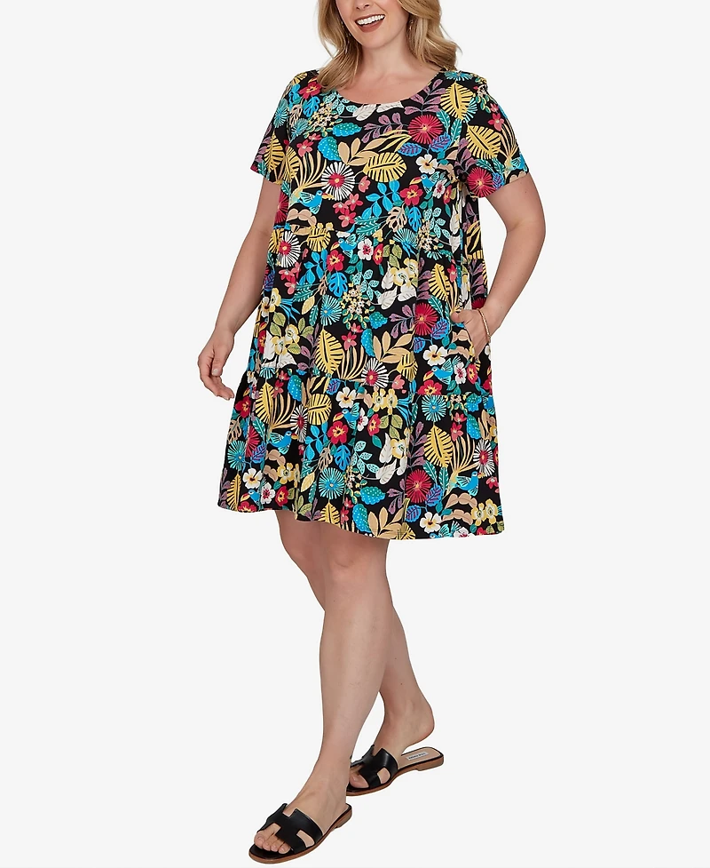 Ruby Rd. Plus Tropical Print Tiered Cotton Knit Pocket Dress