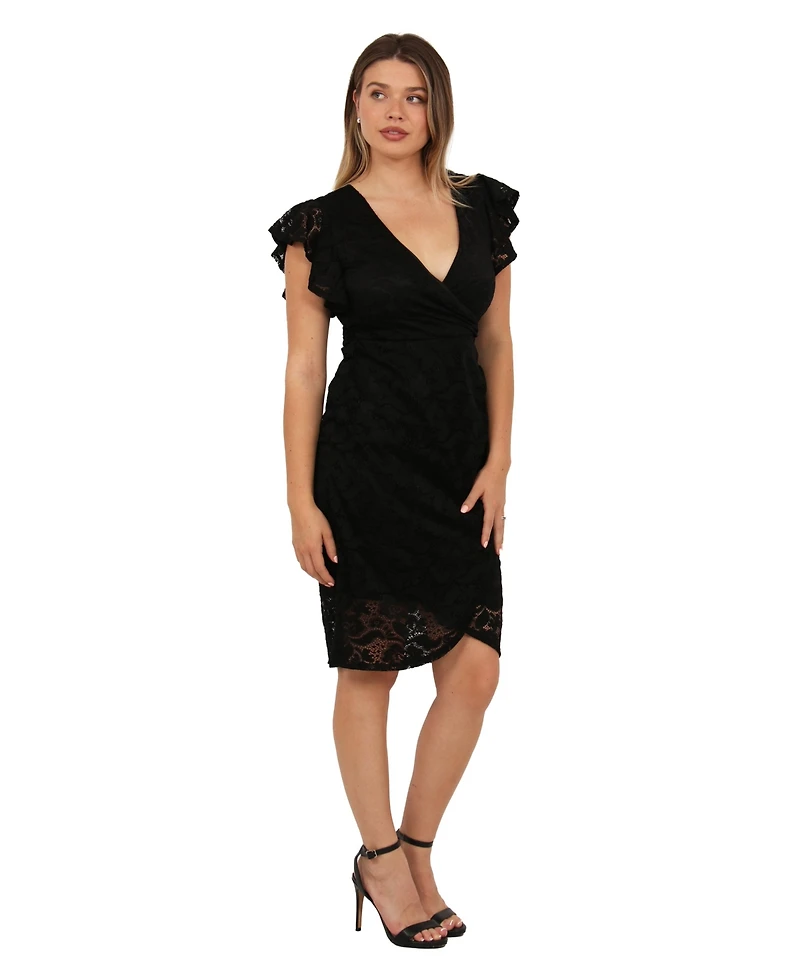 24seven Comfort Apparel Women's Lace V-Neck Flutter-Sleeve Faux Wrap Midi Dress