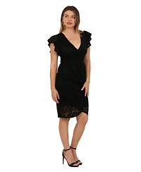 24seven Comfort Apparel Women's Lace V-Neck Flutter-Sleeve Faux Wrap Midi Dress