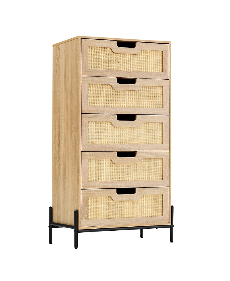 homfan Farmhouse 5-Drawer Rattan Dresser, Tall Storage Chest with Metal Legs and Wood Top for Multi-Room Use