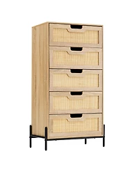 homfan Farmhouse 5-Drawer Rattan Dresser, Tall Storage Chest with Metal Legs and Wood Top for Multi-Room Use