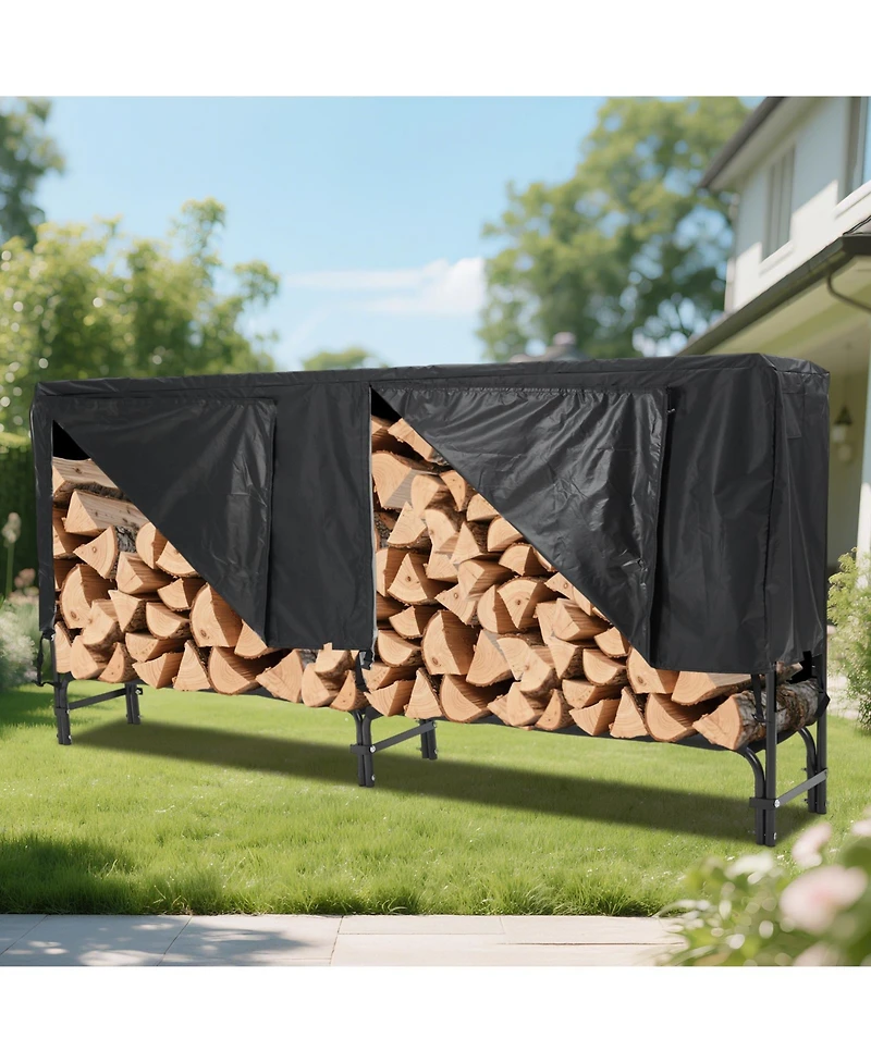 gaomon 8 ft Firewood Rack, Steel Log Holder for Outdoor Storage, Patio, Fireplace and Backyard with Waterproof Cover