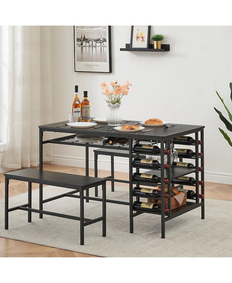 homfan 3 Piece Dining Table Set with Tuck-In Benches, Wine Bottle Storage, Stemware Holder and Adjustable Shelving Home Bar