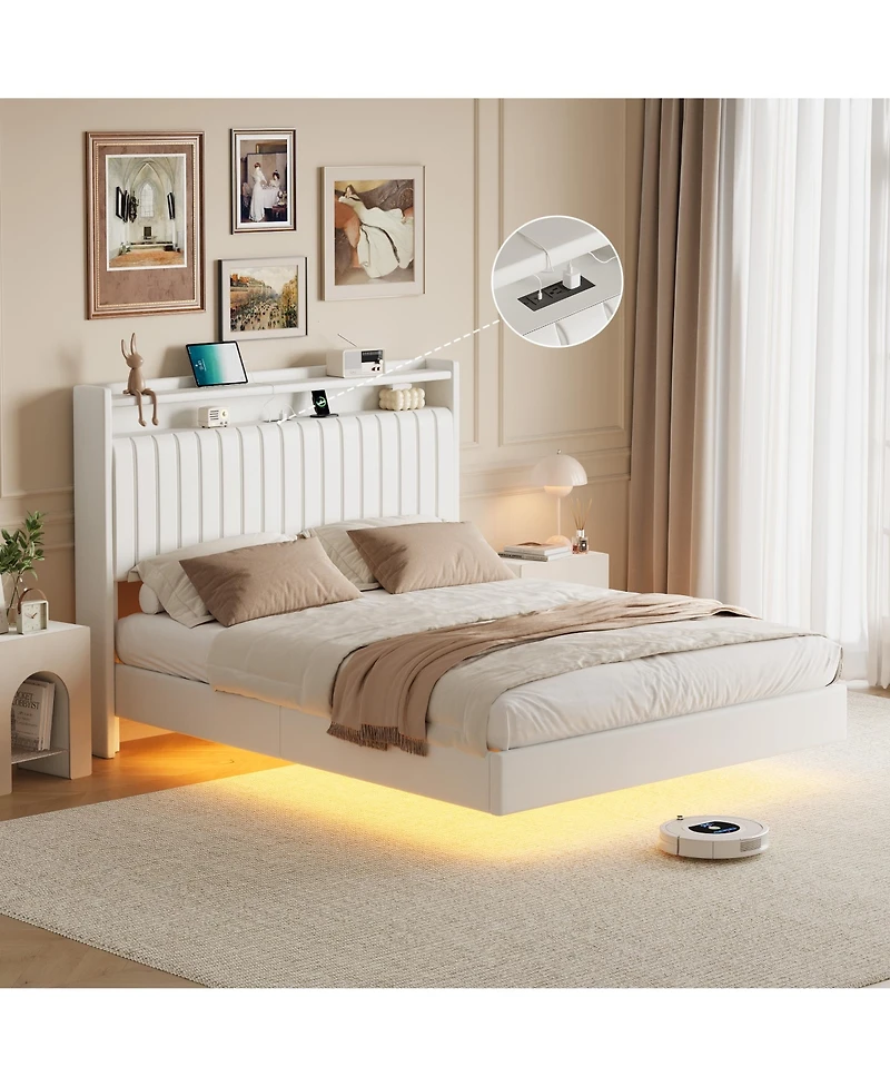 homfan floating platform bed frame with hidden legs, app-controlled Rgb Led lighting, headboard shelf, charging station, no box spring needed
