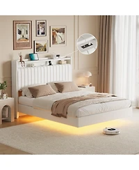 homfan floating platform bed frame with hidden legs, app-controlled Rgb Led lighting, headboard shelf, charging station, no box spring needed