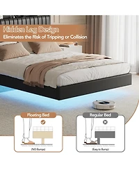 homfan floating platform bed frame with hidden legs, app-controlled Rgb Led lighting, headboard shelf, charging station, no box spring needed