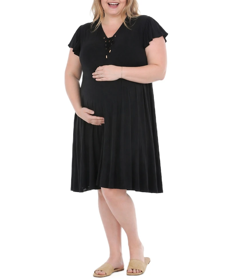 White Mark Plus Flutter-Sleeve Tie-Neck Maternity Dress