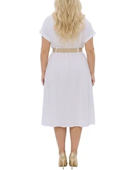 Ny Collection Plus Short Sleeve Button Front Belted A-Line Dress