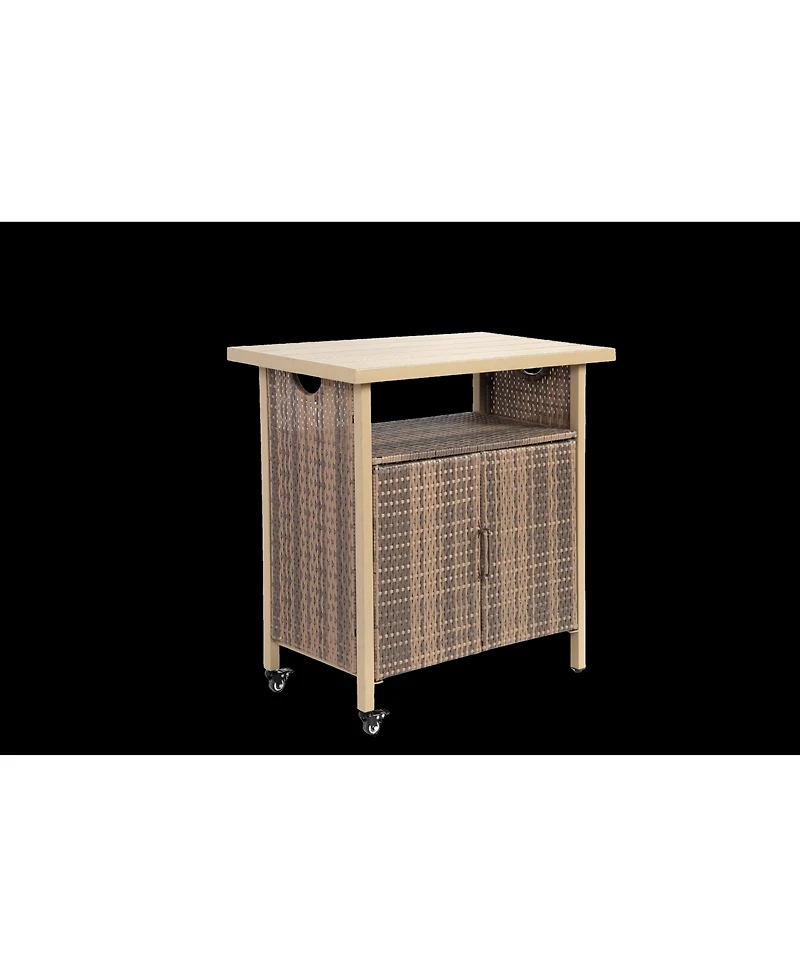 flynama Outdoor Wicker Bar Cart with Glass Top and Wheels