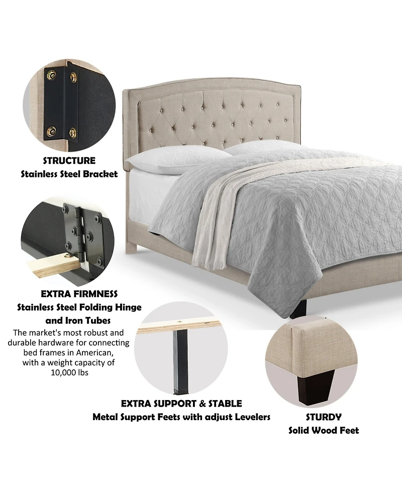 Boyel Living Upholstered Bed with Curved Button Tufted Headboard Modern Platform Frame Solid Wood Structure