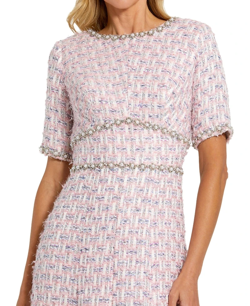 Mac Duggal Women's Short Sleeve Beaded Trim Boucle Midi Dress
