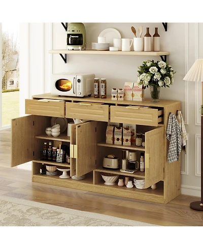 Rainsken Farmhouse Buffet Cabinet with 3 Drawers and 4 Doors, Storage Sideboard with Adjustable Shelf and Open Shelves for Dining Room, Living Room