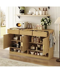 Rainsken Farmhouse Buffet Cabinet with 3 Drawers and 4 Doors, Storage Sideboard with Adjustable Shelf and Open Shelves for Dining Room, Living Room
