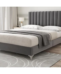 homfan Velvet Upholstered Platform Bed Frame with Adjustable Vertical Channel Headboard, Wooden Slats and No Box Spring Needed