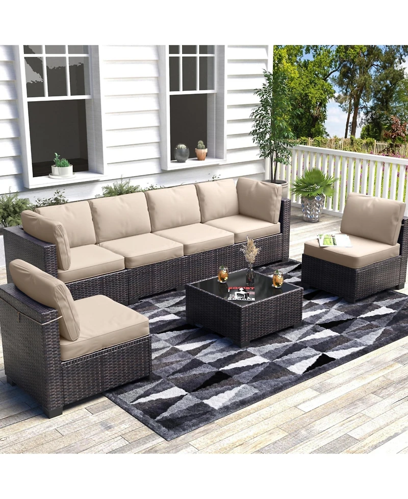 homfan 7-Piece Outdoor Patio Furniture Set with Pe Rattan Sectional Sofa, Thick Cushions and Glass Top Coffee Table
