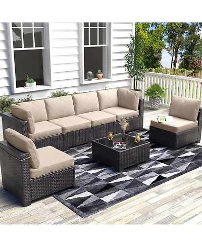 homfan 7-Piece Outdoor Patio Furniture Set with Pe Rattan Sectional Sofa, Thick Cushions and Glass Top Coffee Table