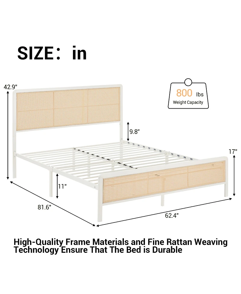 homfan Queen Size Bed Frame with Rattan Headboard, Modern Platform Bed, Heavy Duty Bed Frame With Metal Slat Support