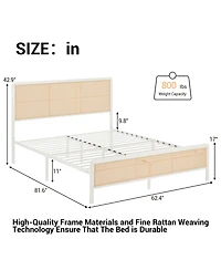 homfan Queen Size Bed Frame with Rattan Headboard, Modern Platform Bed, Heavy Duty Bed Frame With Metal Slat Support