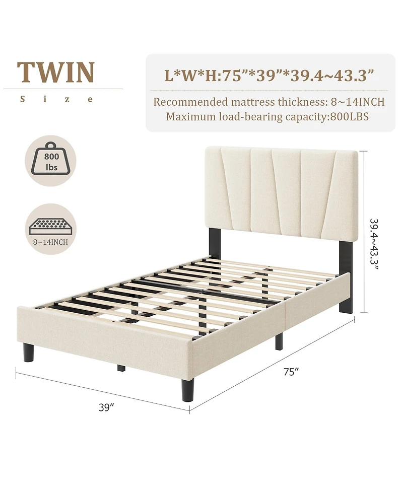 homfan Linen Upholstered Platform Bed Frame with 3-Level Adjustable Headboard, Wood Slat Support, Quiet Design