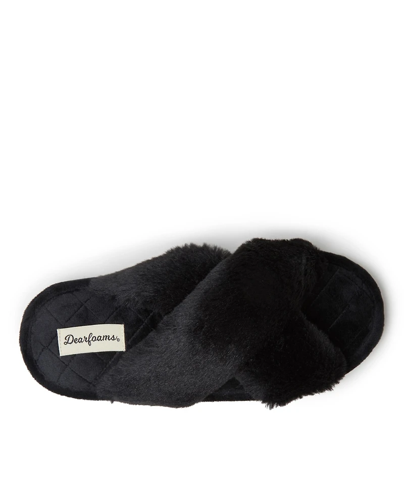 Dearfoams Women's Jessica Furry Cross Band Slide Slippers