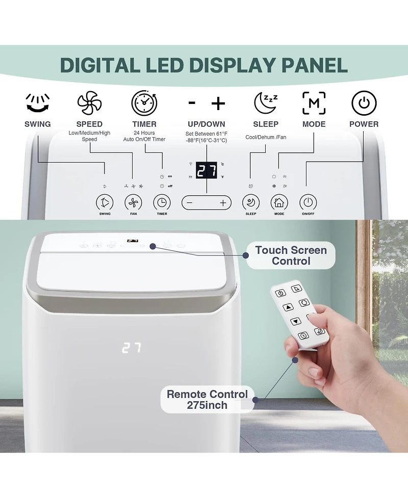 Xo 12,000 Btu Portable Ac, 3-in-1 Cooling, Fan and Dehumidifier, Auto Swing, Quiet Remote, 24-Hour Timer, Window Kit