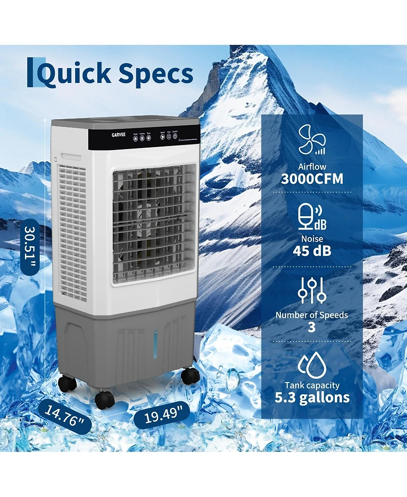 Xo Evaporative Air Cooler, 3000 Cfm, 5.3 Gal Tank, 120degree(s) Oscillation, 3 Speeds, Remote and Timer, Portable for Garage