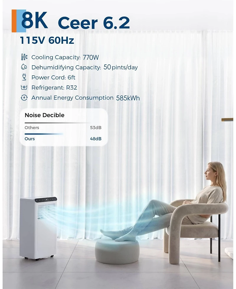 Xo 8,000 Btu Portable 3-in-1 Air Conditioner with Remote, Timer and Window Kit