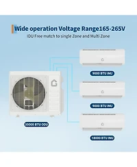 Xo 35000 Btu 3-Zone Mini Split Ac and Heat Pump, 9k+18k+18k, 19 SEER2, WiFi Alexa, Pre-Charged, 230V